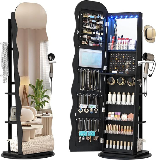 Vlsrka 360Â° Swivel Jewelry Aromire with Wavy Mirror, Lockable Jewelry Organizer Mirror Full Length, Rotatable Standing Mirror with Storage, Jewelry Cabinet, Interior Mirror, Flodable Shef, Black