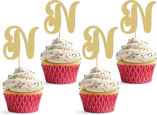 26 letter Cupcake Topper - 24 Pack Glitter Gold letter N Cupcake Decorations, Suitable for Birthday Party, Wedding Anniversary or Photo Booth Props (N)