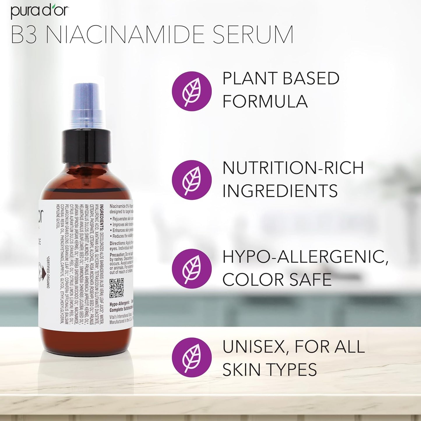 PURA D'OR B3 Niacinamide Advanced Facial Serum (3.3oz x3 = 9.9oz) Skin Care Formula with Retinol For Wrinkles, Hydration & Complexion - All Skin Types, Hypoallergenic - Women & Men
