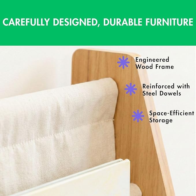 Humble Crew 4-Tier Kids Bookshelf, Natural/White - Premium Book Shelf for Kids Rooms with Four Deep Pockets - Toddler Sling Book Rack with Deep Sleeves, Nursery Bookcase Organizer