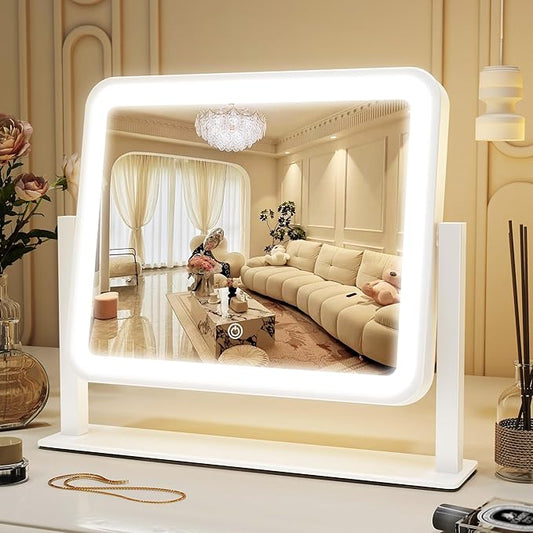 ROLOVE Vanity Mirror with Lights, 14"Ã12" LED Makeup Mirror, Lighted Makeup Mirror with Lights, Smart Touch Control 3 Colors Dimmable, Lighted Up Mirror for Makeup Desk, Bedroom, Women Gift
