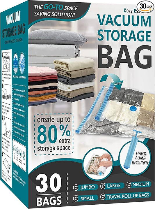 Cozy Essential 30 Pack Vacuum Storage Bags, Space Saver Vacuum Storage Bags, Vacuum Seal Bags for Clothing, Clothes, Comforters and Blankets, Pillow, Bedding