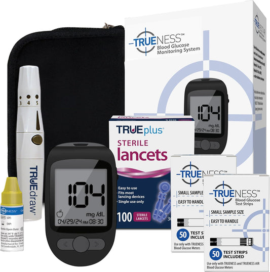 TRUENESS Blood Glucose Meter Bundle - Blood Glucose Monitor, Case, 100 Test Strips, 100 Lancets, Lancing Device, Control Solution - Fast, Easy Testing Supplies for Home Use