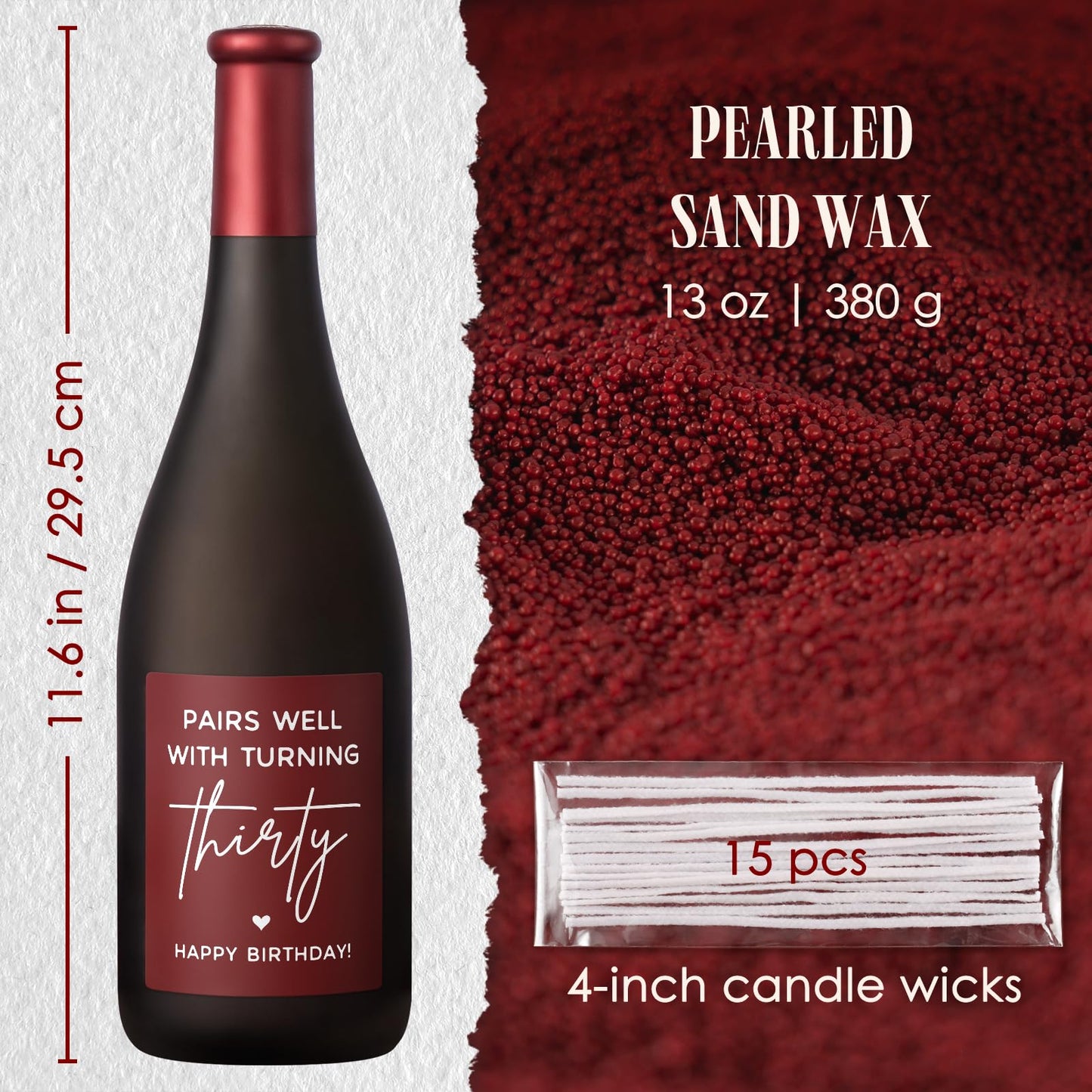 30th Birthday Gifts for Women Men- Pearled Candle Sand in Wine Bottle with Wicks- 30th Birthday Decorations for Her Him, 30 Year Old Bday Gifts for Friend, Sister, Wife, Husband, Red Wine Scent(13oz)