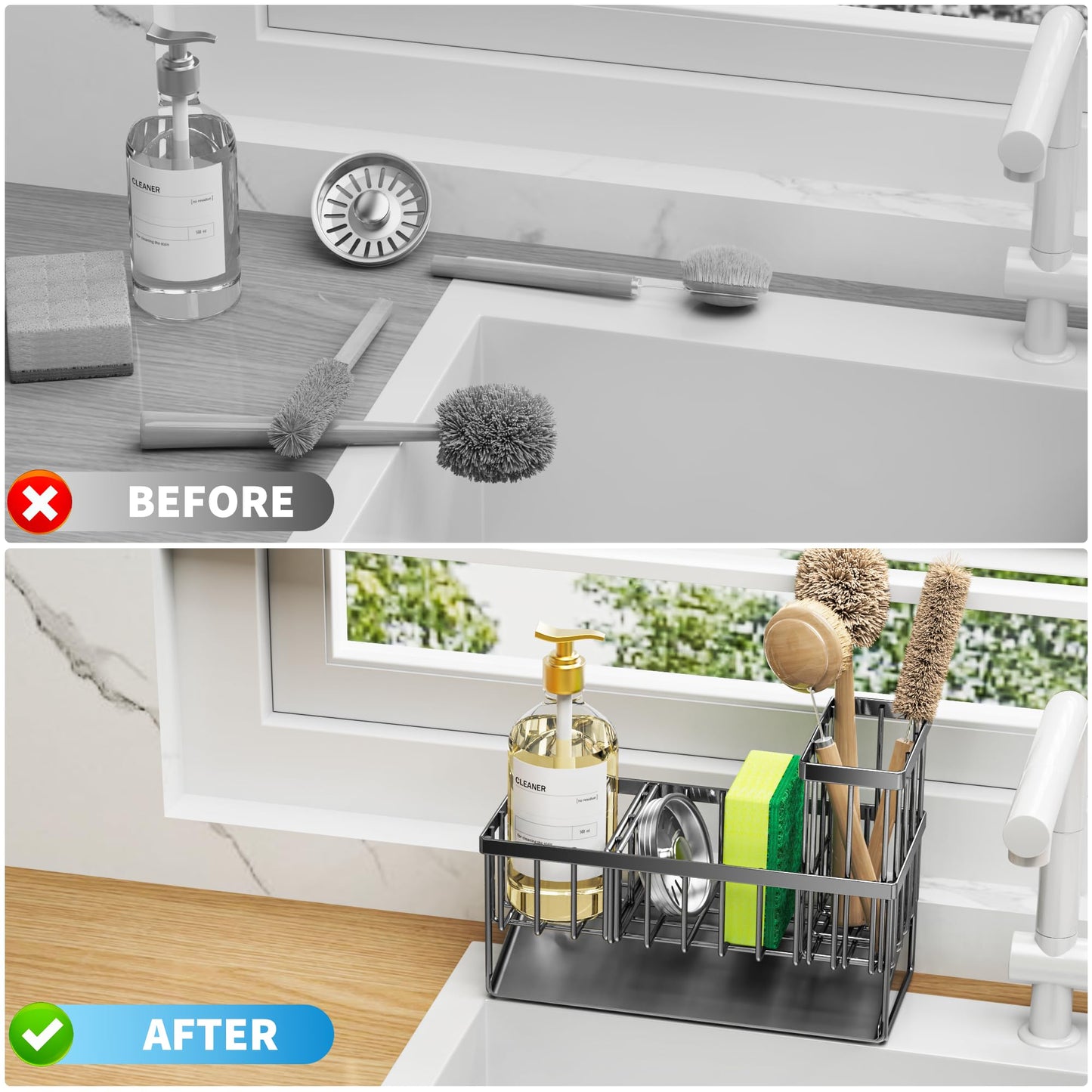 Cisily Kitchen Sink Caddy Organzier with High Brush Holder, Sponge Holder for Sink, 304 Rustproof Stainless, Kitchen Countertop Soap Dispenser Organizer, Kitchen Decor and Accessories