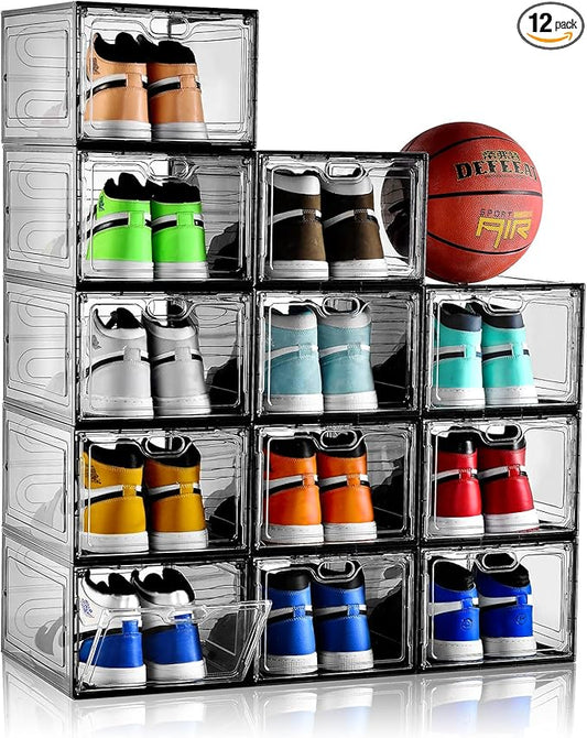 12 Pack Gray Transparent Shoe Storage Organizer, Stackable Shoe Boxes for Closet, Drop Front Plastic Shoe Box with Grey Door, Easy to Assemble, Fit up US Size 12(13.4âx 9.8âx 7.1â)