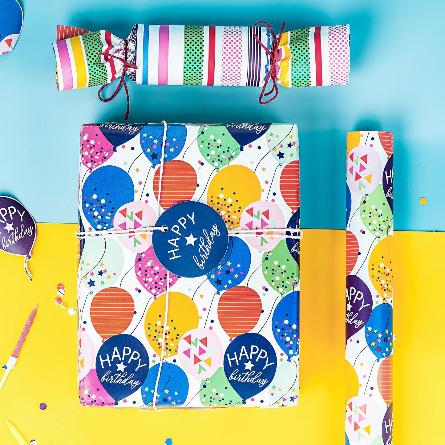 WRAPAHOLIC 30 Inch Jumbo Reversible Birthday Wrapping Paper - 30 Inch x 100 Feet Jumbo Roll - Colorful Balloon with Confetti Design for Birthday, Baby Shower