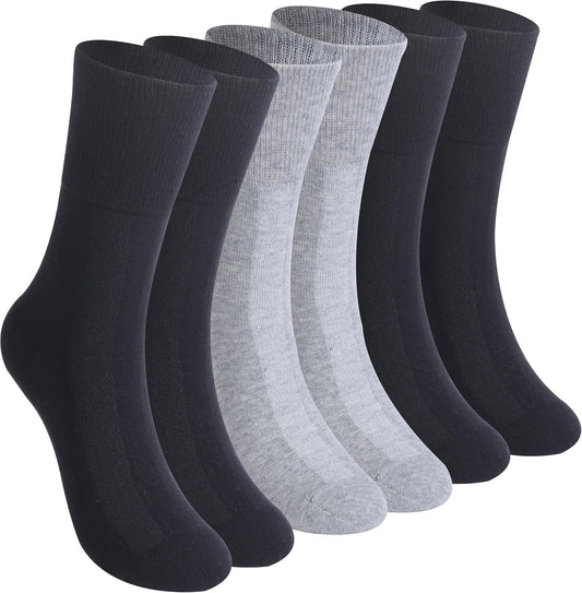 Facool Non-Binding Diabetic Crew Socks, Women Loose Top Cushioned Moisture Wicking Cotton Seamless Non Slip Soft Anti-sweat Dress Comfortable Socks, 6 Pairs Black+Grey+Navy Blue Medium