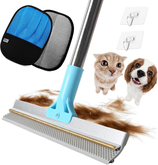 Carpet Rake for Pet Hair Removal, 54" Adjustable Long Handle 3 in 1 Carpet Rake & Pet Hair Removal Gloves for Cat Dog Fur Remover for Carpets, Rugs, Mats and Furniture(with 2 Hooks)