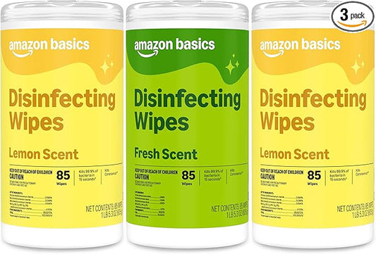 Amazon Basics Disinfecting Wipes, Lemon & Fresh Scent, Sanitizes, Cleans, Disinfects & Deodorizes, 255 Count (3 Packs of 85), Packaging May Vary