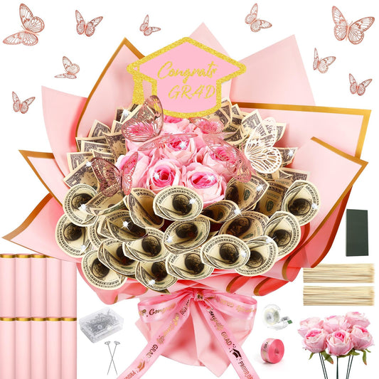 AUGSUN Graduation Money Bouquet Kit, 147 Pcs DIY Bouquet Making Supplies with Folded Bills Wrapping Paper 3D Butterflies for Graduation Gift Class of 2026 Gifts