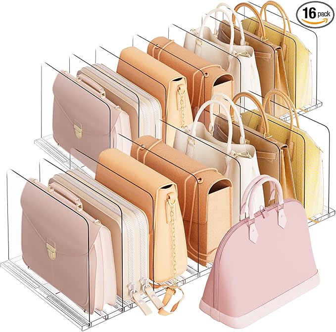 Criusia Adjustable Closet Purse Organizer Rack â 28.8" Extra-Long Shelf Divider with 12 Base Panels & 16 Dividers â Non-Slip Handbag Holder for Bags, Clothes, Kitchen, Office