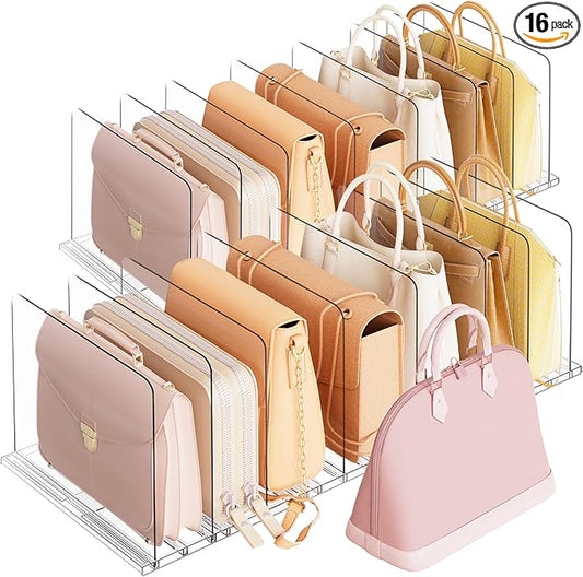 Criusia Adjustable Closet Purse Organizer Rack â 28.8" Extra-Long Shelf Divider with 12 Base Panels & 16 Dividers â Non-Slip Handbag Holder for Bags, Clothes, Kitchen, Office
