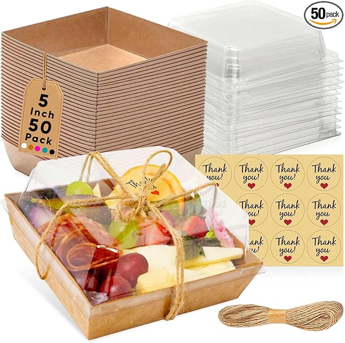 Leafiew 50 Pack Small Charcuterie Boxes with Clear Lids - To Go Paper Mini Charcuterie Box, Disposable Food Containers, 5Inch Dessert Boxes - Sandwich, Cookie, Sushi, Cake Slice, Strawberries (Brown)