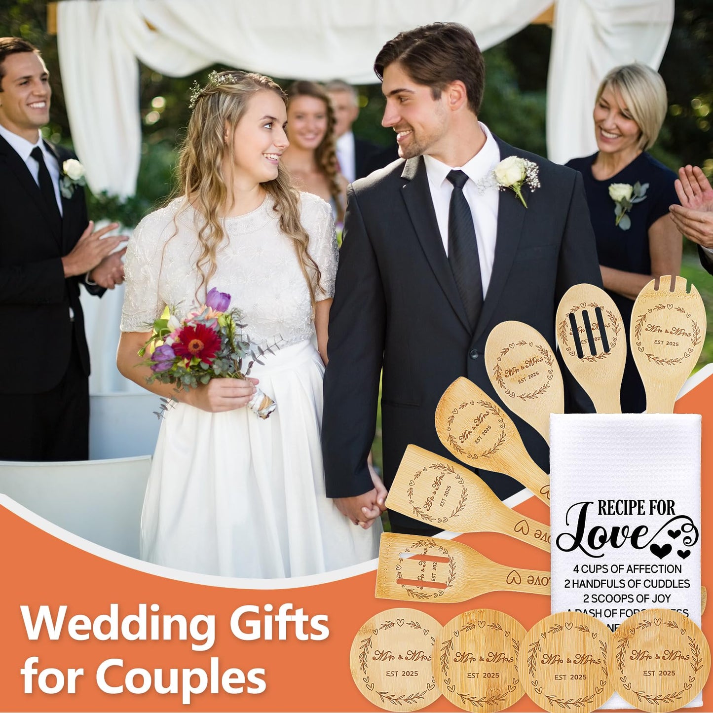 Wedding Gifts for Couples 2025,Mr and Mrs Gifts,Cool Bridal Shower Gifts for Bride to Be,Engagement Gifts for Couples,11PCS Bride Gifts Box with Bamboo Spoons,Coasters,Dish Towel