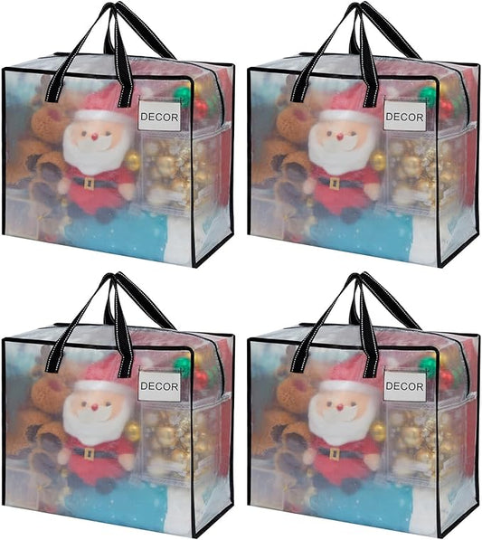 VENO 4 Pack Moving Bags, Christmas Storage Containers, Storage Totes, Zipper On Top, Sturdy, Storage Bags for Camping, Clothes, Bedding, Comforters, Pillows (13 Gallon Clear, 4 Pack)