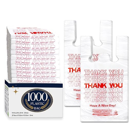 YoYoRain 1000 Pack White Thank You T-Shirt Bags with Handles, 11"x6"x21" Plastic Shopping Bags for Grocery, Retail & Takeout