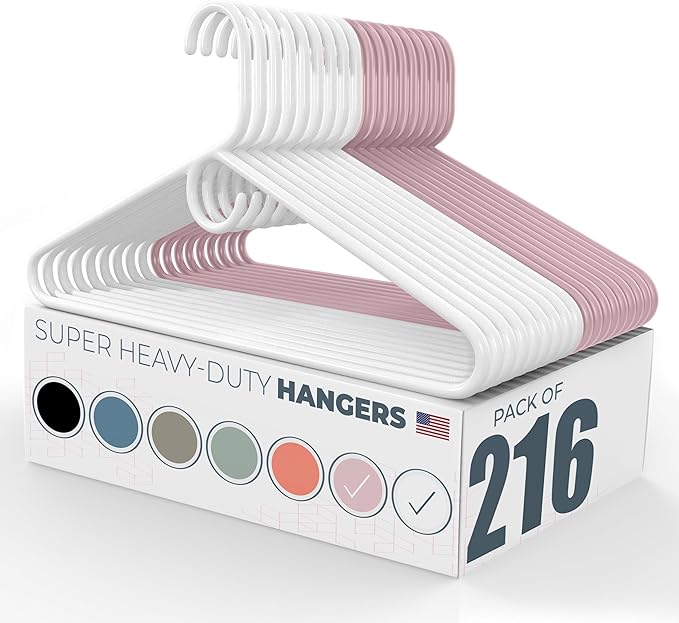 Neaties Super Heavy Duty Clothes Hangers 100+ Pack (216 Count) â Made in The USA - 10lb Capacity, Thick Plastic Hangers for Pants, Coats, Jackets, Jeans and Adult Clothing â White & Pink