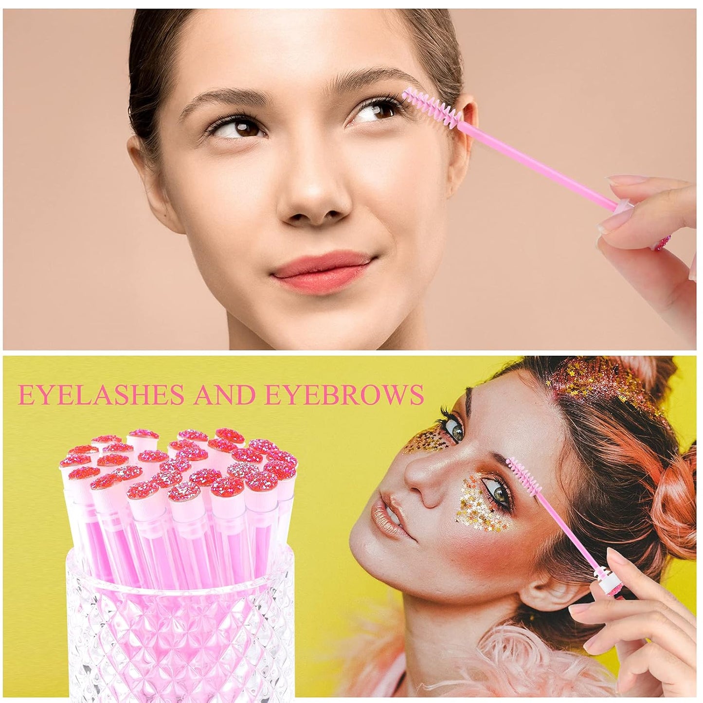 50-Piece Disposable Mascara Brushes - Eyelash Brushes, Diamond Mascara Wands with Tube, Makeup Tool, Lash Spoolies, Sanitary Brushes, Lash Extension Supplies (Tube Star D Pink 50)