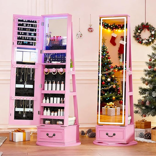 LVSOMT LED Mirror Jewelry Cabinet Standing, 360Â°Swivel Jewelry Armoire with Full Length Mirror, Mirror with Jewelry Storage and Large Wooden Drawer for Christmas Gifts (Pink)