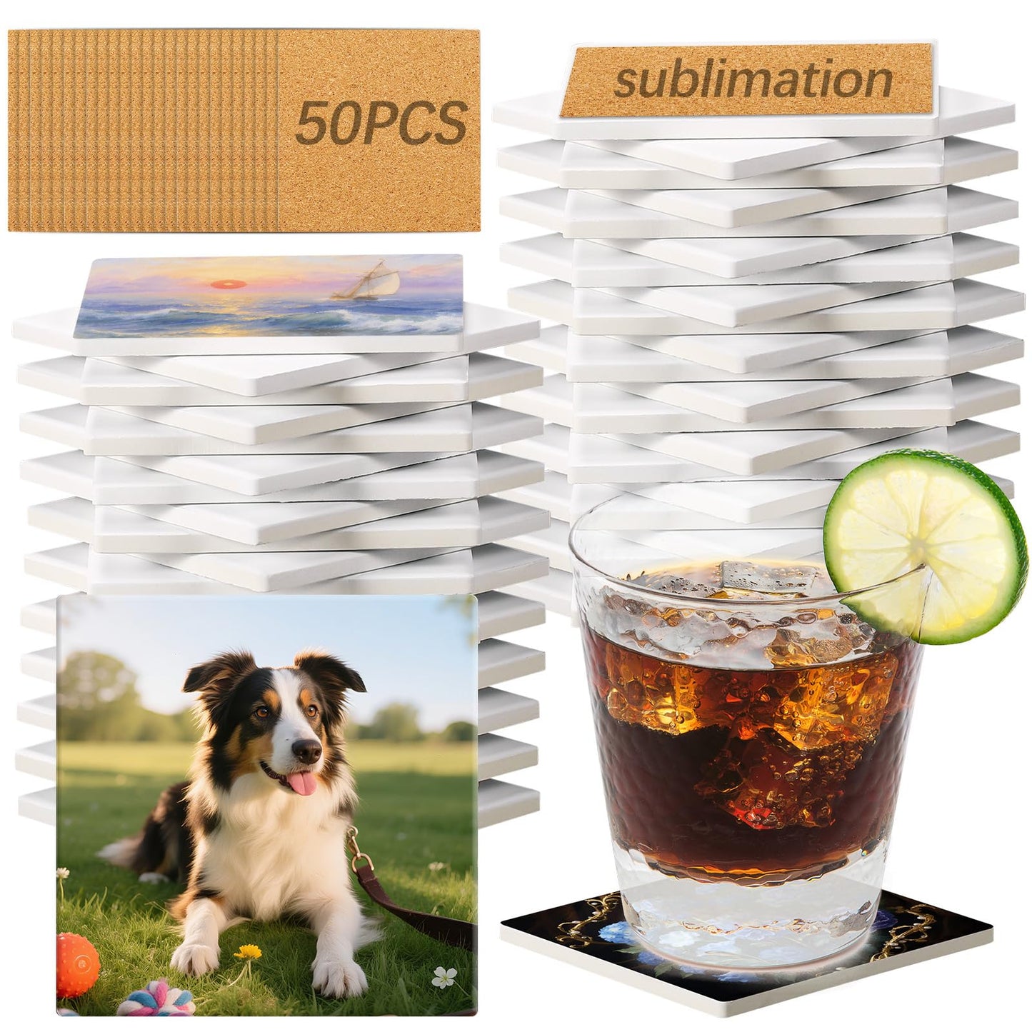 50 Pack Square Sublimation Blank Ceramic Coasters with Cork Backing, 4X4inch Matte Finish Blank Ceramic Tiles Crafts Coasters Pads for Sublimation Transfer Heat Press Printing DIY Crafts