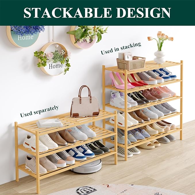 Smiry Long Bamboo Shoe Rack 3-Tier, Stackable Wooden Shoe Organizer for Entryway & Closet, Free Standing Wood Shoe Storage Shelf for Front Door & Small Spaces, Natural