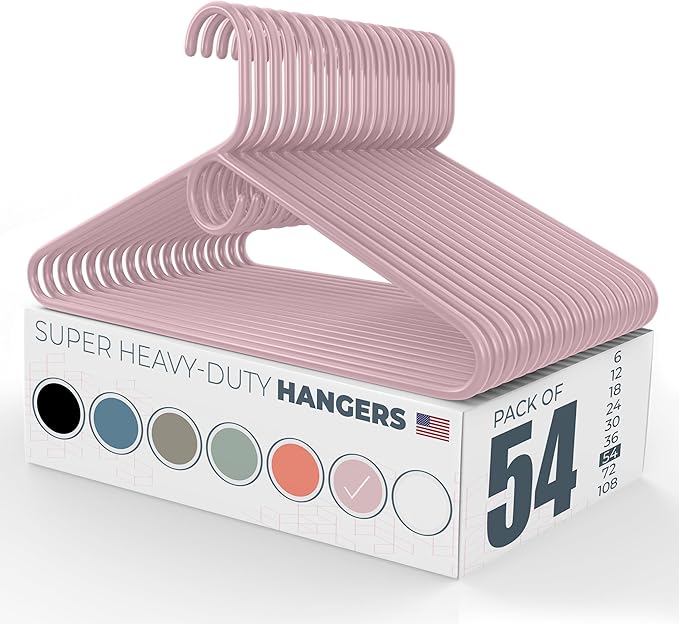 Neaties Super Heavy Duty Clothes Hangers 50 Pack (54 Count) â Made in The USA - 10lb Capacity, Thick Plastic Hangers for Pants, Coats, Jackets, Jeans and Adult Clothing â Pink