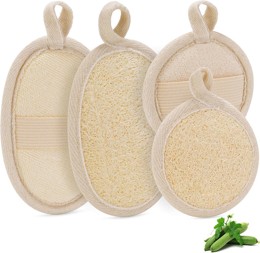 Natural Loofah Sponge Exfoliating Body Scrubber (2Pcs), Loofah Exfoliating Facial Scrubber(2Pcs), Made of Natural Luffa and Terry Cloth, Suitable for Bath Shower Loofah Sponge on Body and Face