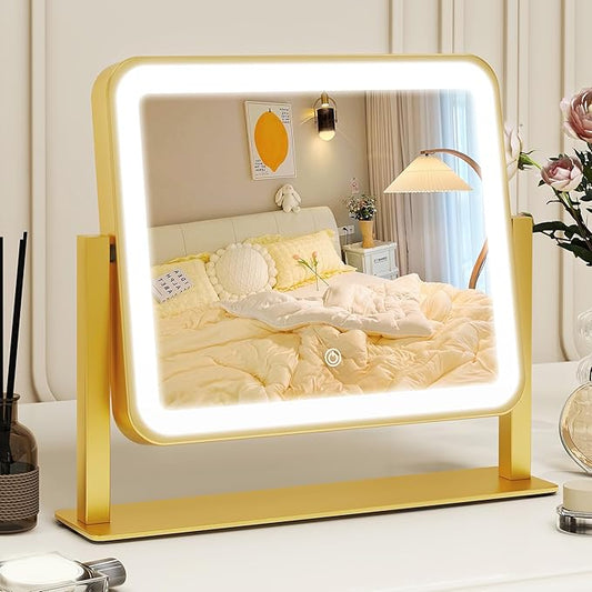 ROLOVE Gold Vanity Mirror with Lights, 14"Ã12" LED Makeup Mirror, Lighted Makeup Mirror with Lights, Smart Touch Control 3 Colors Dimmable, Lighted Up Mirror for Makeup Desk, 360Â° Rotation