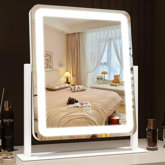 ROLOVE Lighted Makeup Mirror, Vanity Mirror with Lights for Desk Tabletop, Smart Touch with 3-Color Lighting,Dimmable, 360Â° Rotation, White, 13"x15"