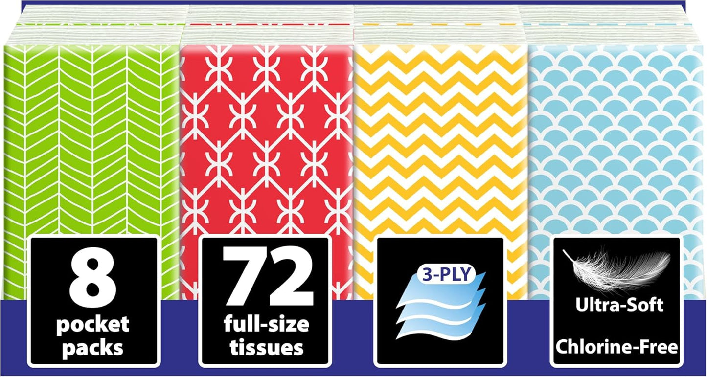 Travel Tissue Packs – 8 Compact 3-Ply Packs (72 Total), Soft Chlorine-Free Facial Tissues for Purse, Car, or School, Gentle & Durable, Non-Bleach, Stylish Geometric Design