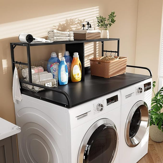 DWVO 2-Tier Washer Dryer Countertop with Shelf, 53" W x 27.6" D with 2.8" Edge Rails & 2 Hooks, Laundry Countertop for Organization, Washer and Dryer Topper, Black