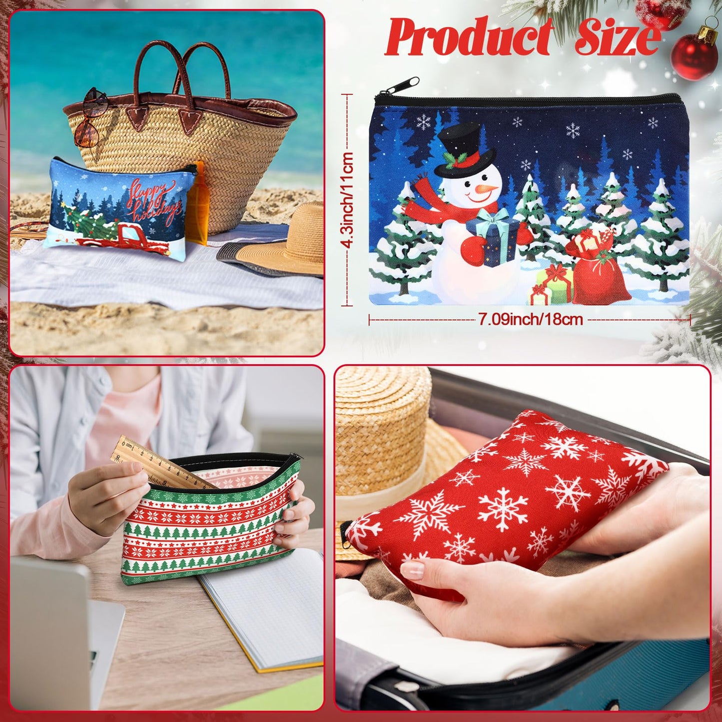 Reginary 60 Pcs Christmas Makeup Bags Bulk Xmas Cosmetic Bags 7 x 4.3 Inches Snowman Snowflake Santa Zipper Pouch Christmas Purses Gifts for Women