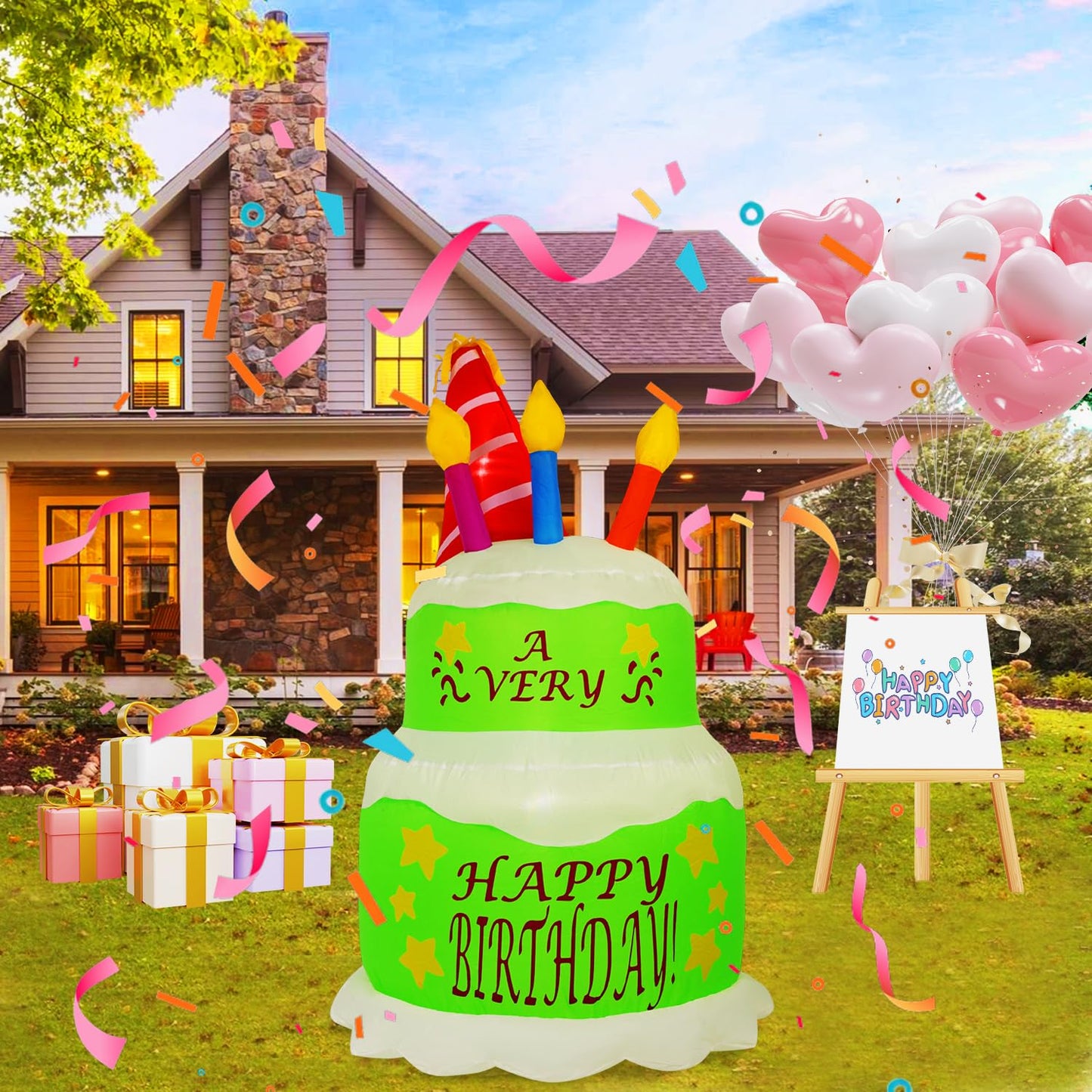 HZGDEJTG 4FT Birthday Cake Birthday Party Outdoor Inflatable Decoration, Outdoor Inflatable Decoration with LED Lights, Birthday Inflatable Decoration for Garden, Patio, Lawn