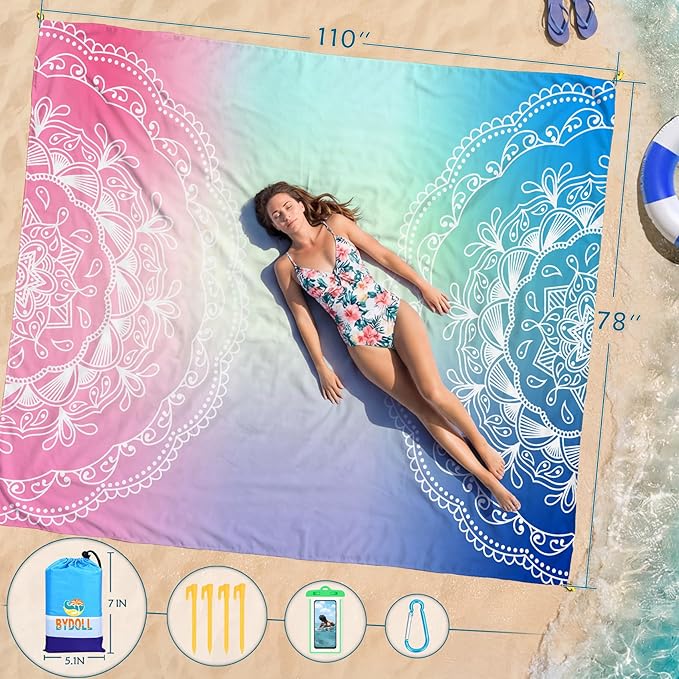BYDOLL Beach Blanket Waterproof Sandproof 78''×81'' Suits1-4 Adults Compact Lightweight Oversized Sand-Free Blanket Large Picnic Mat for Beach Travel Camping Hiking