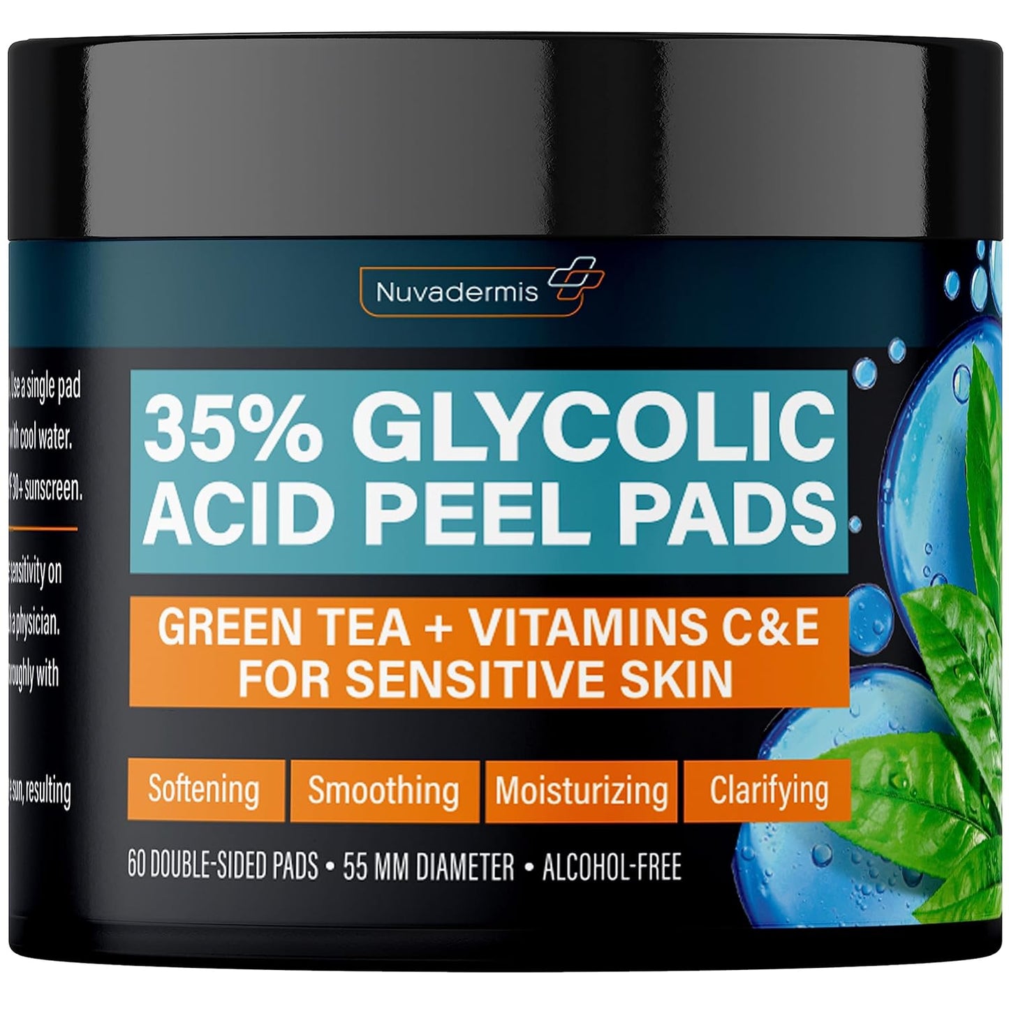 NUVADERMIS 35% Glycolic Acid Peel Pads – Exfoliating Facial Resurfacing for Blackheads, Dark Spots, and Acne – Safe for Sensitive Skin – 60 Double-Sided Pads
