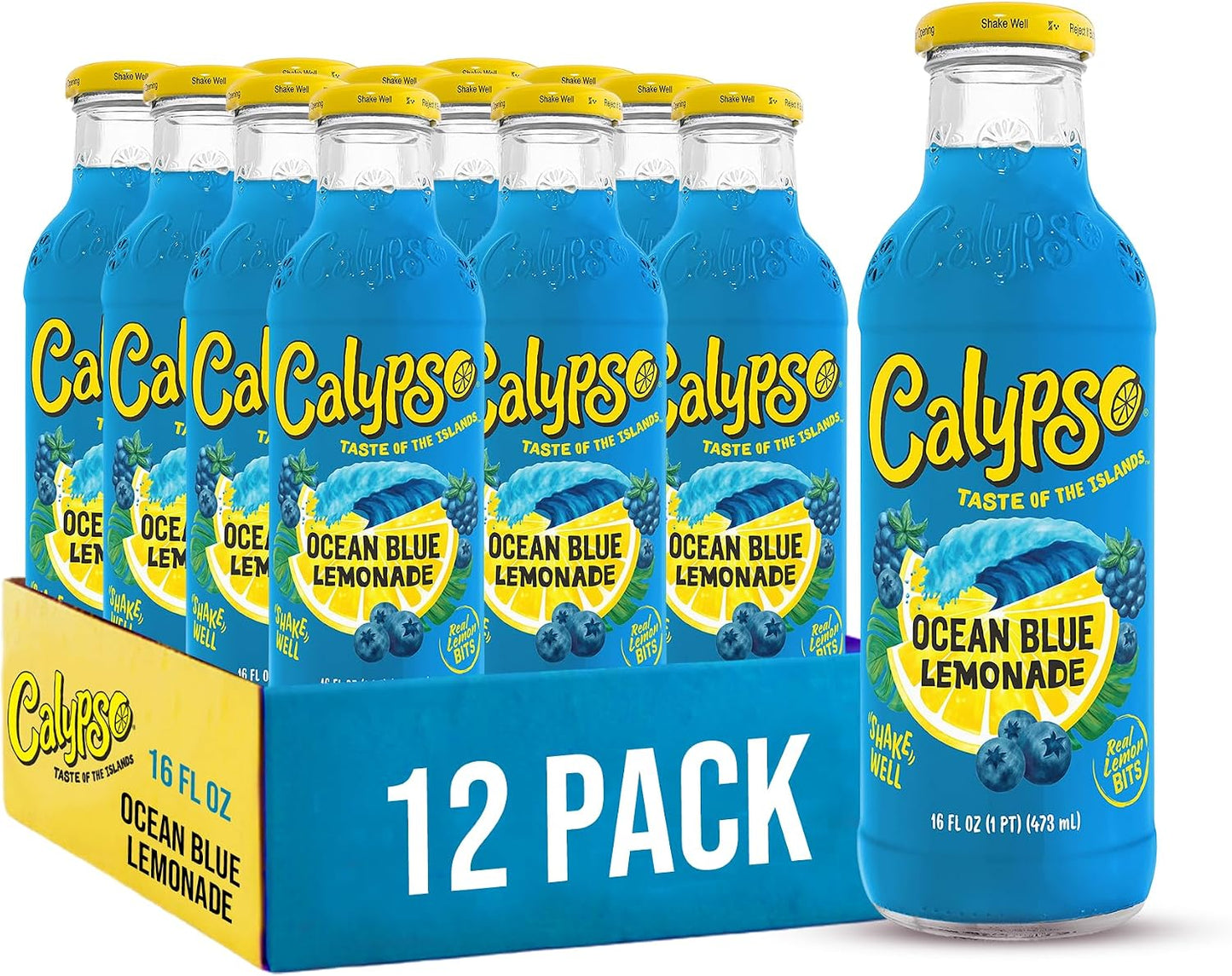 Calypso Lemonade, Ocean Blue Lemonade, Made with Real Fruit, 16 Fl Oz Glass Bottles (Pack of 12)