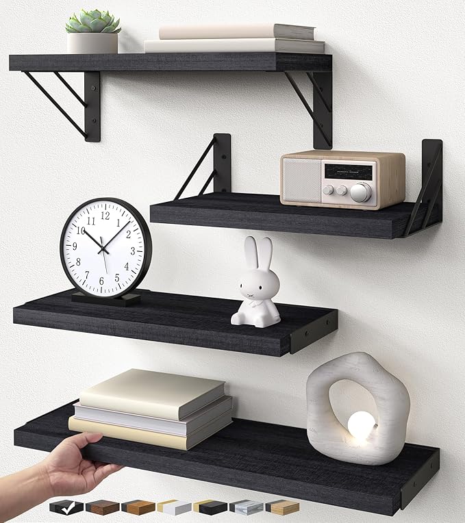 BAYKA Wall Mounted Floating Shelves, Wood Floating Wall Shelf for Books & Decor, Small Space-Saving Display & Organizerï¼Blackï¼Set of 4ï¼