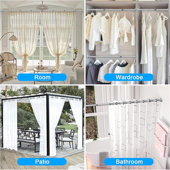 TEECK Shower Curtain Rod, 32-104 inch Adjustable Spring Tension Curtain Rod, Never Rust Anti-Slip Shower Curtain Rod for Bathroom, No Drilling, Never Collapse, Easy to Use, Silver