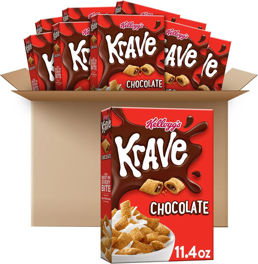 Kellogg's Krave Cold Breakfast Cereal, 7 Vitamins and Minerals, Kids Snacks, Chocolate (10 Boxes)