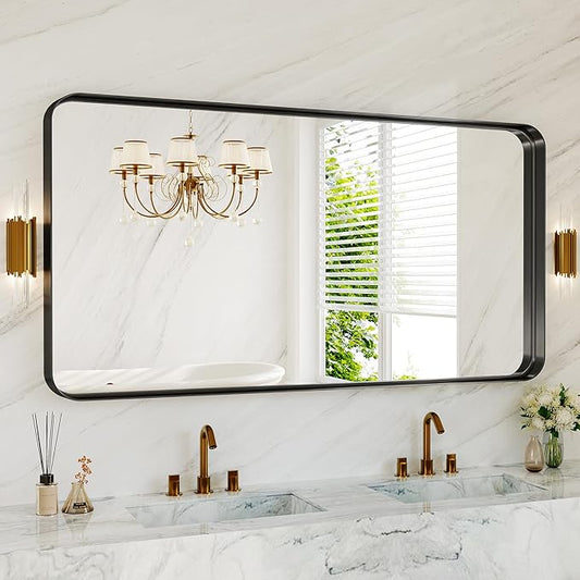 60X30 Inch Black Metal Framed Bathroom Mirror for Wall, Large Matte Vanity Rounded Rectangle Mirrors for Over Sink Wall, Modern Decorative for Restroom, Farmhouse, Horizontally or Vertically Hanging