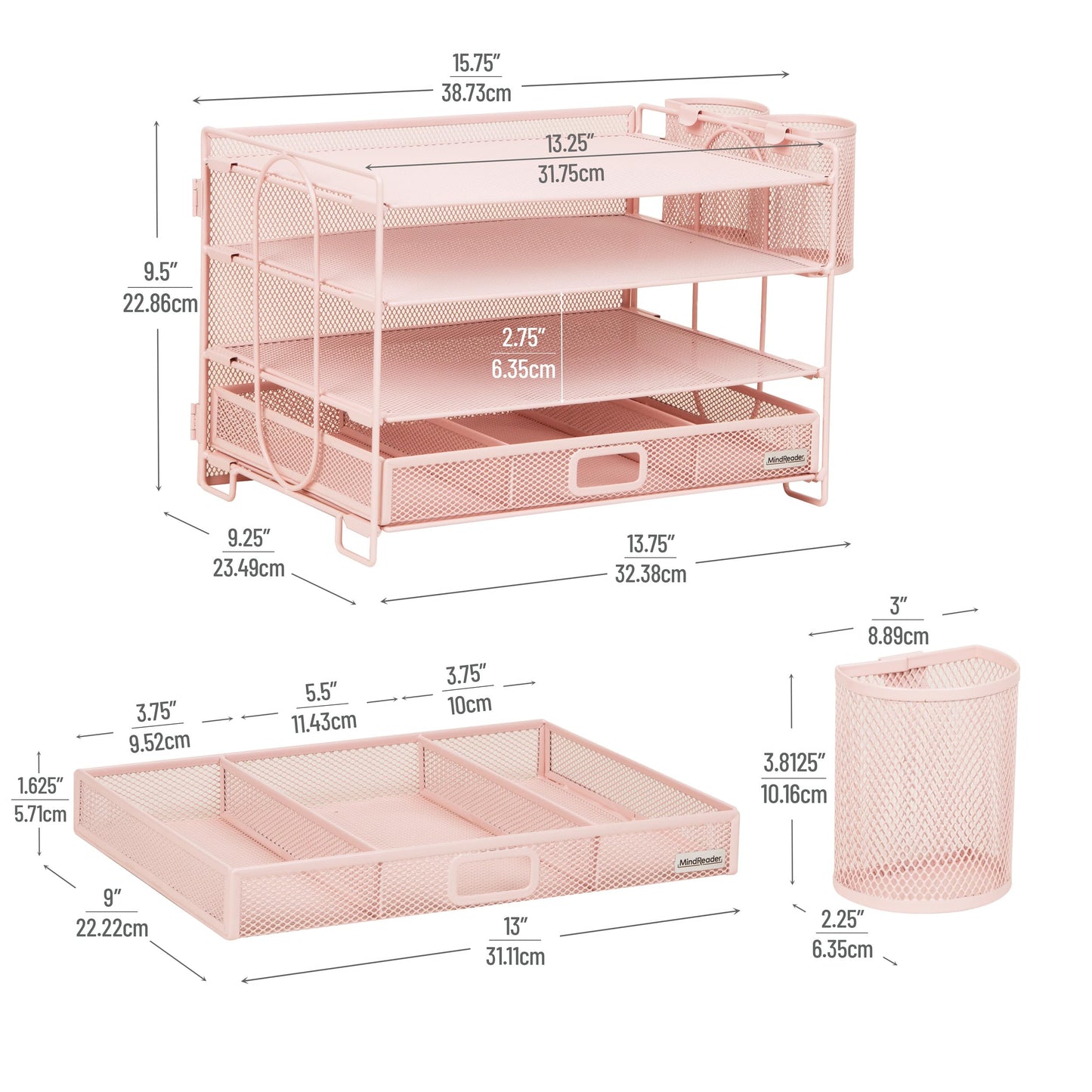 Mind Reader Mesh Desk Organizer, 3 Trays, 1 Drawer, 2 Pen Holders, Office Desktop Organizer, Metal Mesh, Pink