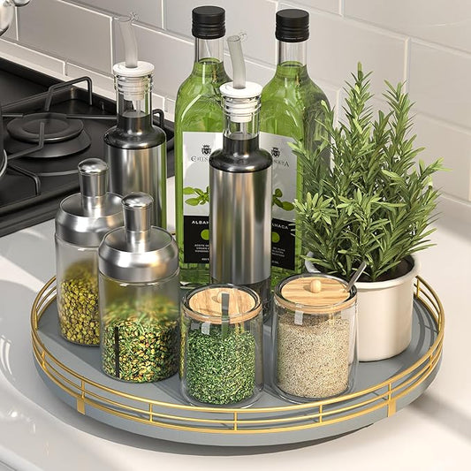 12" Wooden Lazy Susan Turntable for Cabinet â Roud Rotating Spice Rack Organizer, Gray Kitchen Countertop Tray for Dining Table & Pantry Storage ï¼Gray & Goldï¼