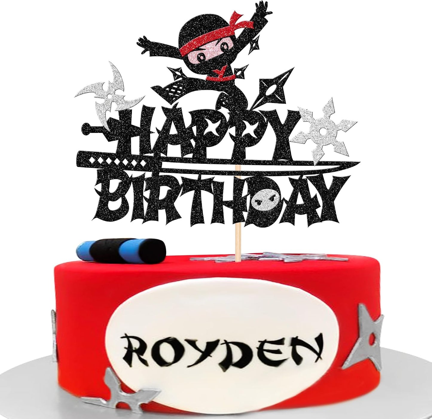 Ninja Happy Birthday Cake Topper - Black Glitter Martial Arts Karate Kung Fu Warriors Cake Pick for Theme Baby Shower Kids Birthday Party Decorations Supplies (1 PCS)