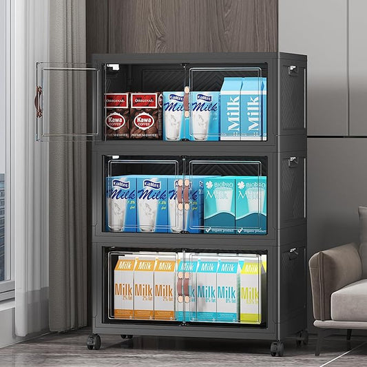 Extra Large Stackable Storage Bins with Lids & Wheels & Door, 156QT-52QT/13GAL*3Pack Foldable Collapsible Closet Organizers, Plastic containers drawers for bedroom Dorm