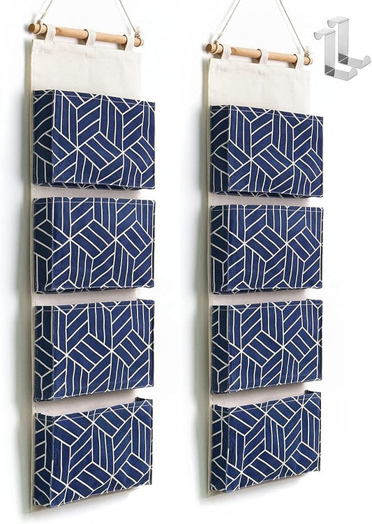 CROWNED 2Pcs Over Door Hanging Storage Bags Wall Mount Closet Organizer, 4 Big Pockets Linen Cotton Fabric Multi Functional Living Room Bedroom Bathroom File Magazine Waterproof Free Hooks Navy