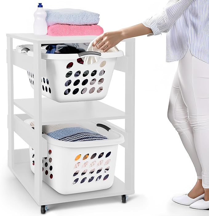 Laundry Basket Holder Shelf â Stackable Engineered Wood Laundry Tower with Wheels, Tiered Laundry Hamper Organizer for Bathroom, Bedroom, Closet (White, 2 Tier)
