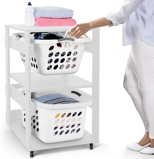 Laundry Basket Holder Shelf â Stackable Engineered Wood Laundry Tower with Wheels, Tiered Laundry Hamper Organizer for Bathroom, Bedroom, Closet (White, 2 Tier)