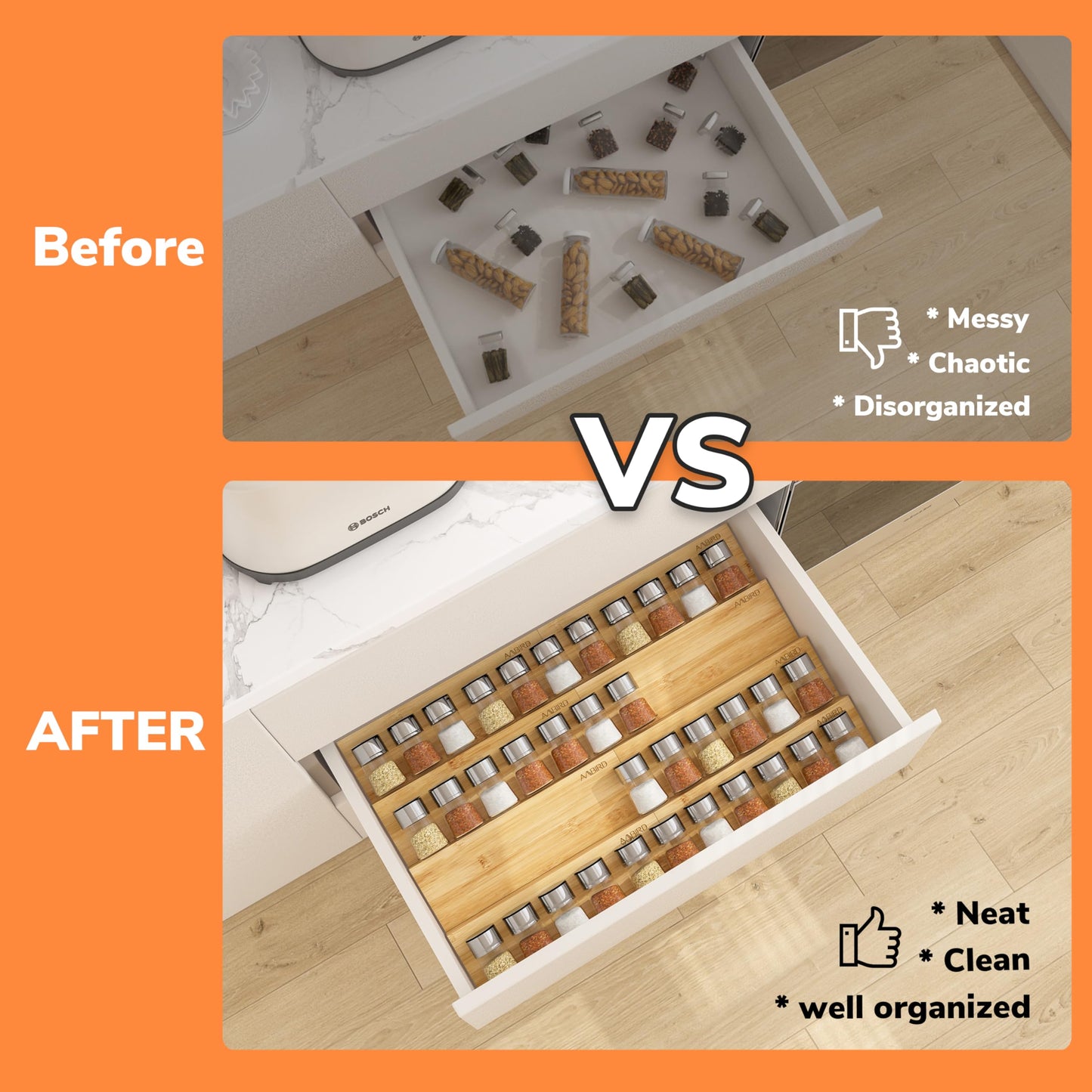 AMBIRD Bamboo Spice Drawer Organizer with Non-slip Mat,4 Tier - 2 Set Jar Spice Rack Tray From 9.5''to 19'', Seasoning Organizer for Kitchen,Cabinet,Drawers,Countertop