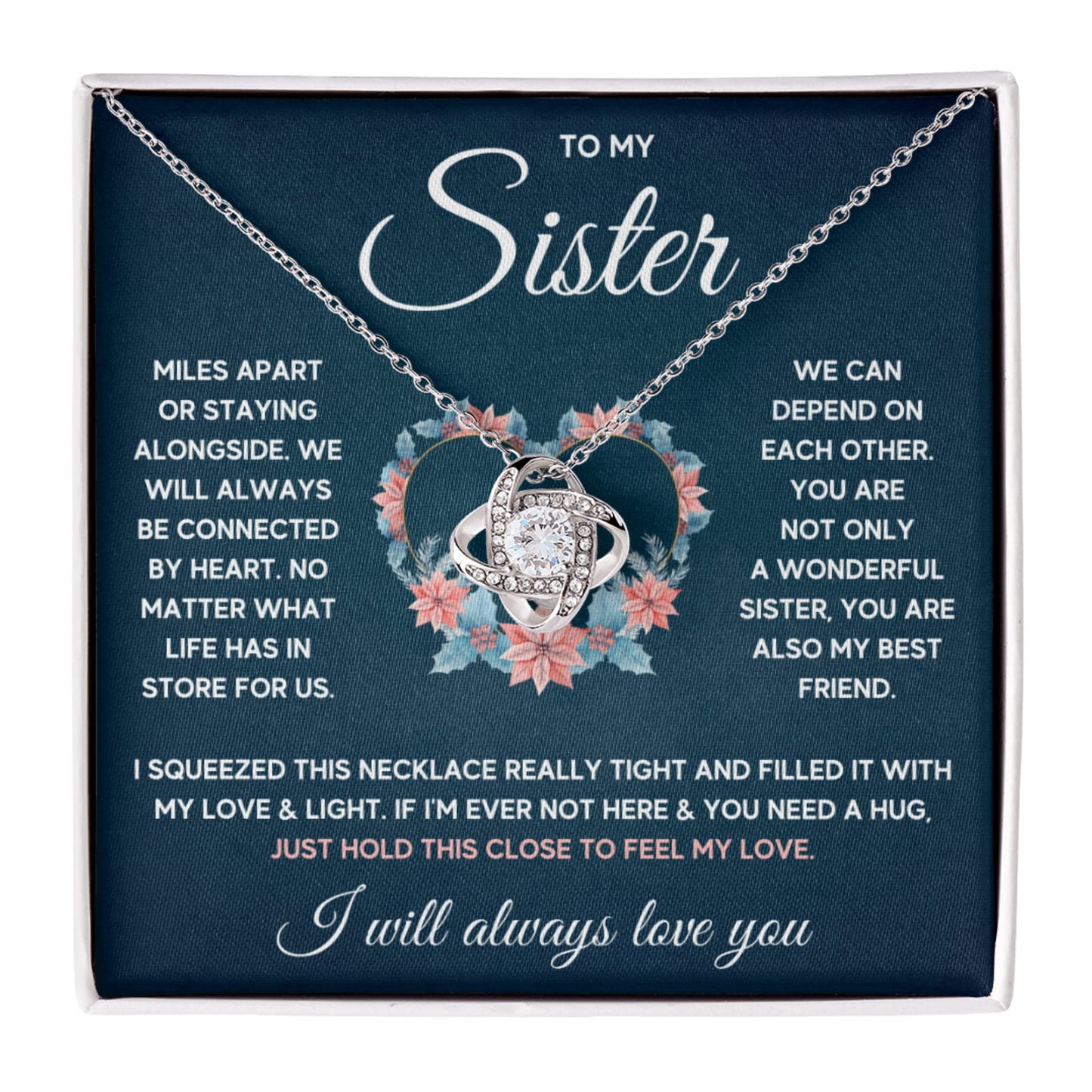 To My Sister Necklace | Gift from Sisters with Message Card & Gift Box | Big & Little Sisters Jewelry | Stainless Steel Necklace for Birthday, Christmas, or Friendship (Standard Box, Sister Squeezed)